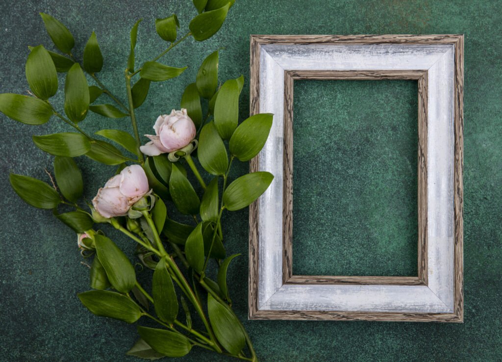 top view copy space gray frame with light pink roses and leaf branches on a green background