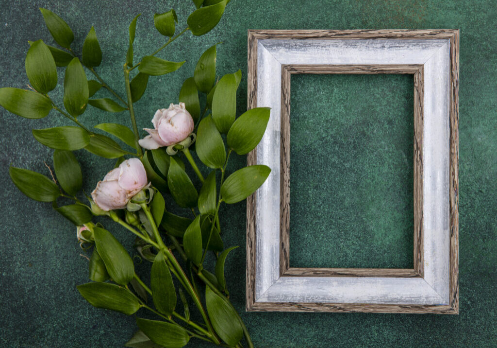 top view copy space gray frame with light pink roses and leaf branches on a green background